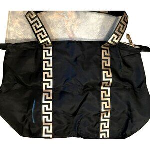 Versace Parfums Black Gold Tote‎ Bag Greek Keys Straps Zip Pockets Fold in Case